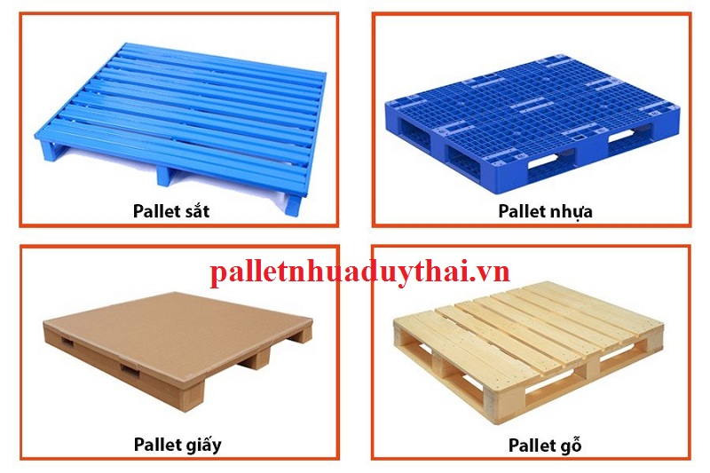 Trên thị trường có 4 loại pallet phổ biến được chia theo chất liệu: sắt, nhựa, giấy, gỗ